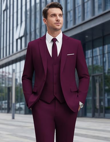 Image of WULFUL Men's Slim Fit Suit One Button 3-Piece Blazer Dress Business Wedding Party Jacket Vest & Pant
