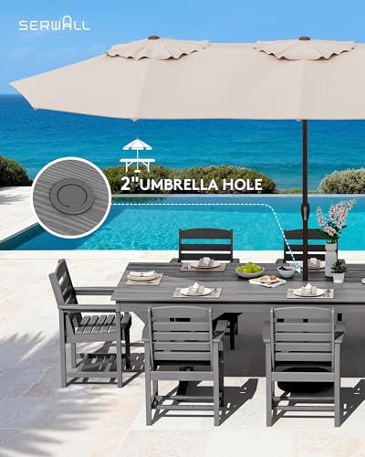 Image of SERWALL 10 Piece 84 inch HDPE Outdoor Dining Set for 8 with 15ft Double-Sided Umbrella, Gray