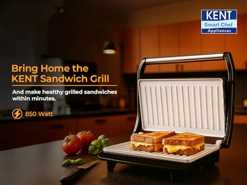 KENT Sandwich Grill | Ceramic Coated,Non-Toxic,Non Stick,Fixed Grill plate | Toaster Griller Sandwich Maker | Auto Cut Off | LED Indicator | 180°Open | Adjustable Height Control | Metallic Silver view 2
