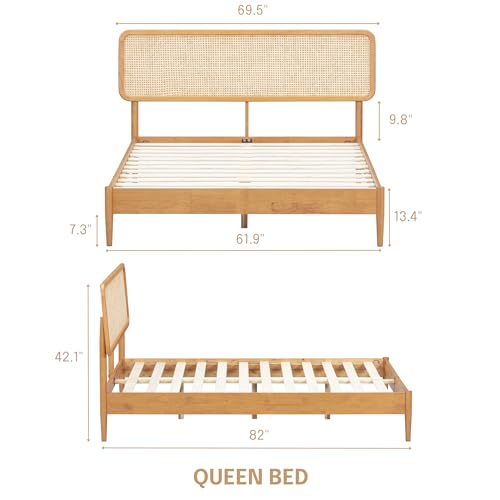 Image of NTC Lupin Wooden Bed Frame with Headboard and Natural Rattan, Solid Oak /Rubber Wood Foundation with Silent Slats, 1000 Lb Capacity, Effortless Assembly (Natural Cane - Rustic Oak, Queen)