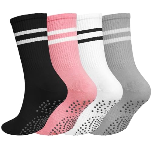 Wildarms 4 Pairs Pilates Socks with Grips for Women Soft Non Slip Crew Yoga Socks Pure Barre Gym Athletic Workout Grippy Multicolors