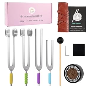 Tuning Forks for Healing Set, 128Hz, 136Hz, 256Hz, 384Hz with Activator, Chakra Sound Therapy Music Tuning Instruments for Stress & Sleep/Yoga/Meditation with Anti-Slip Sponge & Pouch