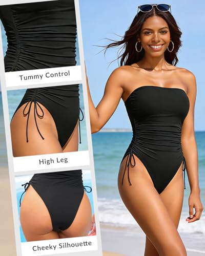 Yonique Women Strapless One Piece Swimsuit Tummy Control Bandeau Bathing Suit Cheeky Swimwear Black M