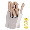 Knife Set, 15 Pcs Khaki Kitchen Knife Set for Home, Granite Nonstick Ceramic Coating, Stainless Steel Sharp Chef Knife Sets with Block, Wood Grain Handle, Ergonomic Non-slip Handle Knife Block Set