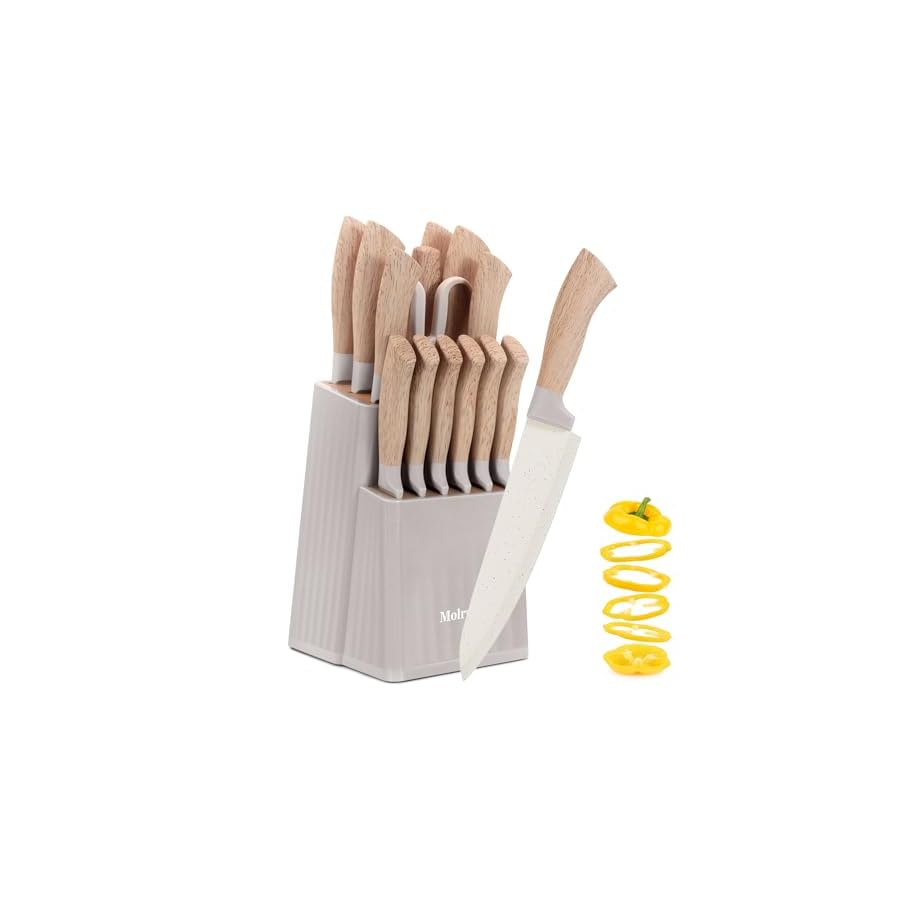 Knife Set, 15 Pcs Khaki Kitchen Knife Set for Home, Granite Nonstick Ceramic Coating, Stainless Steel Sharp Chef Knife Sets with Block, Wood Grain Handle, Ergonomic Non-slip Handle Knife Block Set