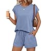 AUTOMET Womens Lounge Two 2 piece Sets Summer Outfits 2025 Loungewear Matching Beach Vacation Clothes Sweatsuits Sweat Pajamas Pjs Romper Top Shorts Fashion Trendy Travel Teen Clothing Dusty Blue M