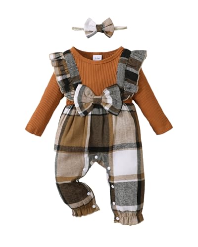 Image of Newborn Infant Baby Girl Clothes Fall Winter Plaid Long Sleeve Jumpsuit One Piece Romper Bodysuit Baby Overalls Outfits