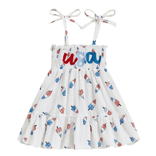Kayotuas 4th of July Toddler Girl Outfit Smocked USA Dress Sleeveless Tie Strap Fouth of July Dresses Kids Patriotic Clothes (White 5-6 Years)