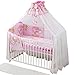 Bello24 - 13 Teiliges Babybett Kinderbett und Bettwäsche komplett Set Happy höhenverstellbar für Neugeborene Babys und Kleinkinder aus Massivholz (Rosa - Teddybär auf Leiter)
