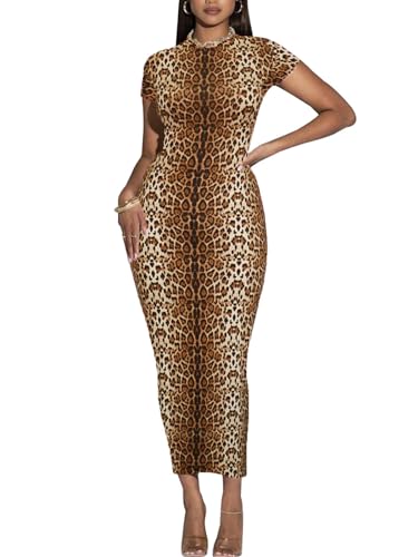 Image of Women's Long Bodycon Dresses Leopard Print Casual Maxi Club Party Tight Dress Short Sleeve