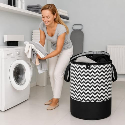 Image of Large Collapsible Laundry Hamper, 45L Capacity, Zip-Top Lid & Carry Handles, Space-Saving Foldable Design, Black