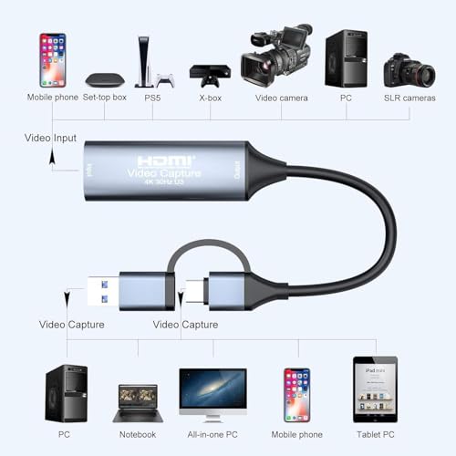 Image of Full HD 1080P Video Capture Card 4K HDMI to USB-A /C HDMI Capture Card USB 2.0Capture Video Audio Recording Compatible with Sw1 /tch PS5 Xbox 1PadOS Mac Book, Incompatible with DVD Player (Z29B)