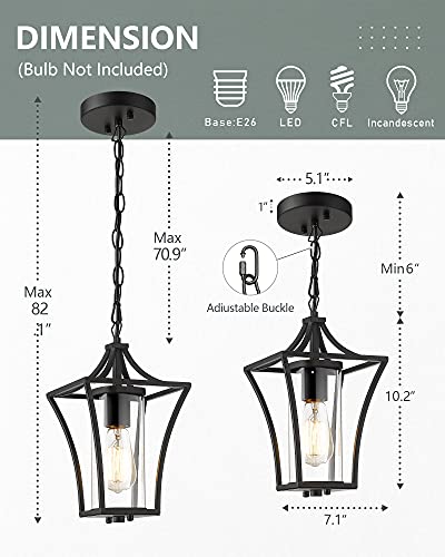 Kauen Outdoor Pendant Light For Porch, Outside Hanging Light Fixture In Black Finish With Clear Glass, 2448-1H #TOP1