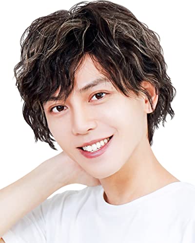 [TefuRe] メンズ ショート ウィッグ スパイラル パーマ カール ふんわり 耐熱 フルウィッグ かつら 男装 韓国 艶消しファイバー 自然 ウィッグネット 付 ブラック/金メッシュ MEN-004-BkGdM