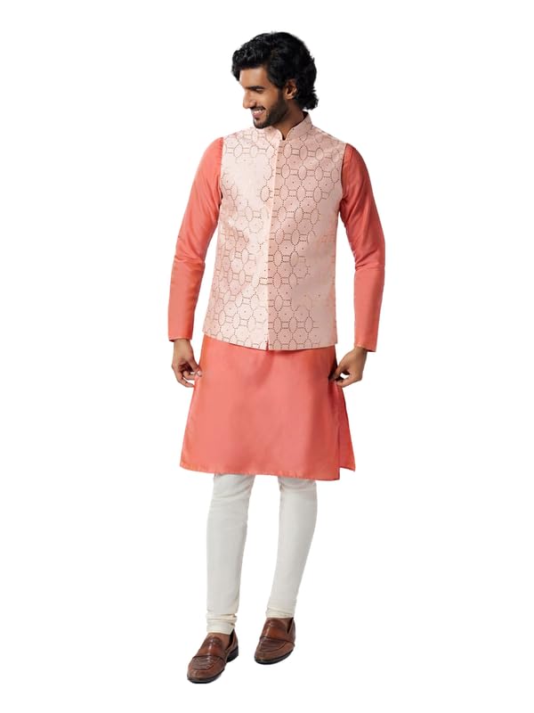 Image of KISAH Men Printed Kurta Jacket Set, Full Sleaves, Knee Length, Straight, Regular Fit, Mandarin Collar Ethnic Wear