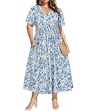 CARCOS Women Plus Size Maxi Dress V Neck Summer Beach Dress 4X Short Sleeve Wrap Sun Dress Blue White Floral Boho Dress Smocked Waist Flared Party Dress with Pockets 4XL 24W 26W