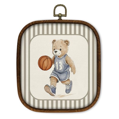 Image of WULQYING Vintage Teddy Bear Basketball Wall Art Decor, Retro Nursery Sports Square Framed Canvas Art Prints, Toddler Striped Wall Hanging Decor for Home Kids Playroom Boys Bedroom, 5.7x6.5 Inches
