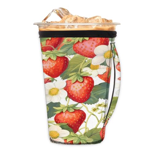 Watercolor Strawberry Flowers Reusable Neoprene Coffee Sleeve with Handle Insulated Iced Coffee Cup Holder Reduces Condensation Fits 24-28 oz Cups M