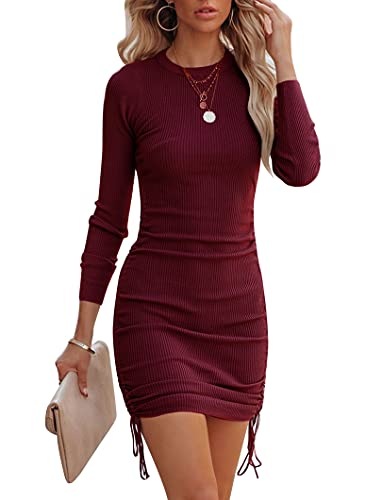 Quenteen Women s Knit Bodycon Dress Long Sleeve Casual Ribbed Sweater Dress Wine Red
