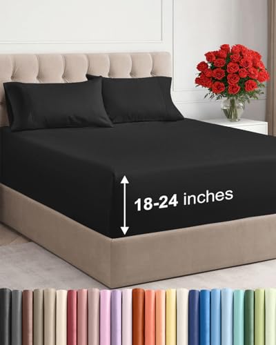 Image of Extra Deep Twin Sheet Set - 4 Piece Breathable and Cooling Sheets - Hotel Luxury Bedding for Women, Men, Kids & Teens - Easy & Secure Fit - Soft, Wrinkle Free and Comfy - Extra Deep Pockets - Black