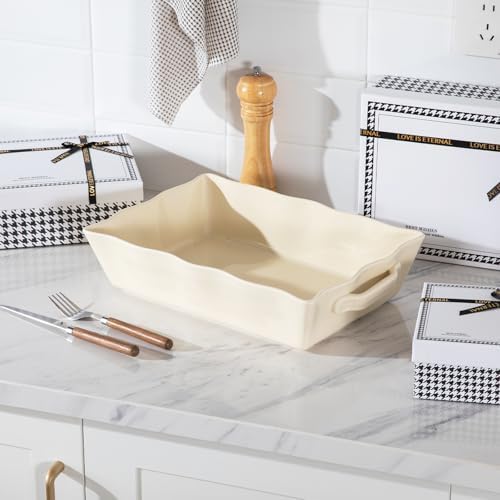 Sweejar Casserole Dishes for Oven, Ceramic 9x13 Baking Dish, Wave Edge Bakeware with Handles, Large Rectangular Lasagna Pan Deep for Roasting, Baking, Cooking, Banquet and Daily Use (Beige) - Thumbnail 3