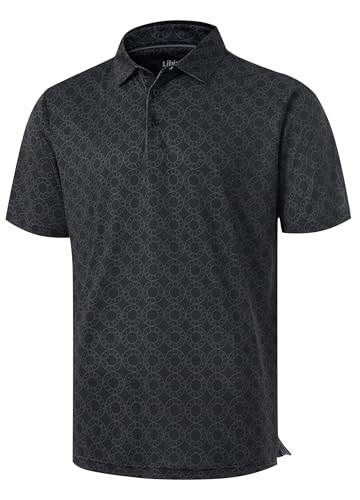 Image of Libin Golf Polo Shirts for Men Short Sleeve Quick Dry Performance Moisture Wicking Print Collared Golf Shirts Casual Business, Black Grey Circle, X-Large