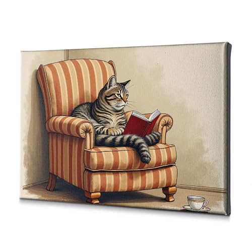 Tableau salle de bain chat lisant un livre sur fauteuil rayé PKRD toile 20 x 30