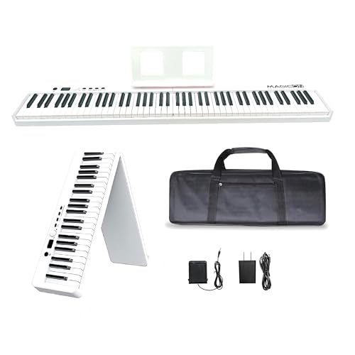 MAGICON BX-20 88-Key Foldable Electronic Piano,Full Size Semi Weighted Keys Portable Piano, the strength touch key,support USB/MIDI,Speakers,Pedal,hand bag,for beginners (White)