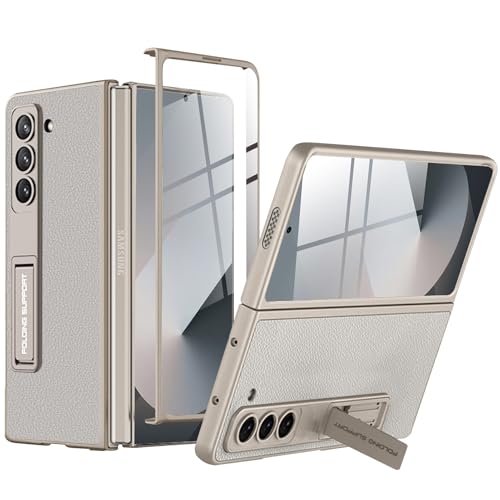 Coque Samsung Galaxy Z Fold 6 en cuir gris titane avec béquille et protection écran