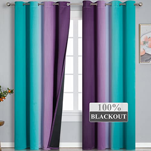 Teal Blackout Curtains 84 Inches Long, Ombre Purple Blackout Curtains for Bedroom, Grommet Thermal Insulated Gradient Drapes, Full Light Blocking Curtains for Kids Room,52x84 Inch, 2 Panels