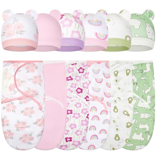 Image of Ramede 6 Pack Swaddle Blanket with Hats for Baby Girl Boy 100% Cotton Swaddles 0-3 Months, Adjustable Breathable Skin Friendly Receiving Blanket Wrap, Essential for Newborns