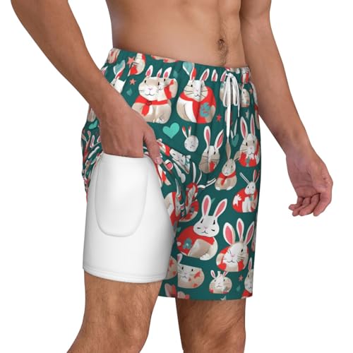 Bunny Rabbits Print Mens Swim Shorts Trunks Inseam Compression Liner Quick Dry Zipper Pocket White3
