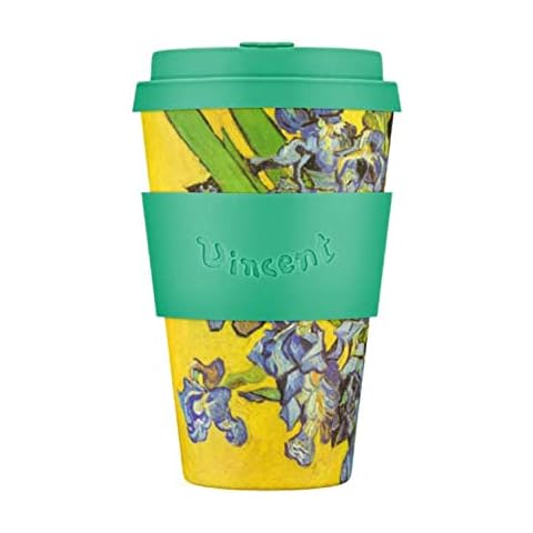 Ecoffee Cup 14oz 400ml Van Gogh Collection Reusable Eco-Friendly 100% Plant Based Coffee Cup with Silicone Lid & Sleeve - Melamine Free & Biodegradable Dishwasher/Microwave Safe Travel Mug, Irises Cover