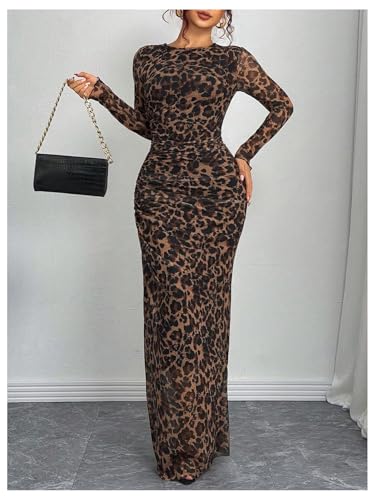 Verdusa Women's Y2k Leopard Print Mesh Sheer Bodycon Maxi Dress Long Sleeve Fall Outfits Cheetah Print Going Out Club Dress3