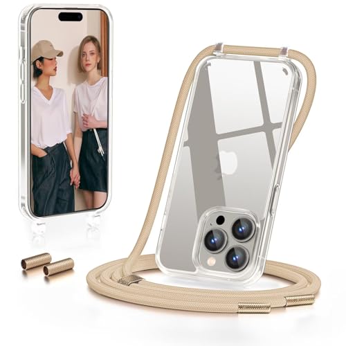 GOODVISH Handykette für iPhone 15 Pro Hülle mit Band | Kameraschutz und Bildschirmschutz | | Necklace Handyhülle mit Schnur Schutzhülle für zum Umhängen | Transparent Case mit Kordel Beige