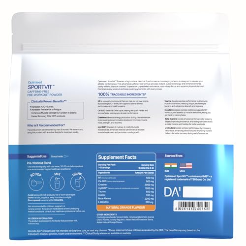 Image of Decode Age SportVit Powder | Pure Caffeine-Free Pre-Workout | 8-In-1 Formula with NR, myHMB, Creatine, Electrolites | Boost Stamina, Strength & Recovery 14 Serving | 175g