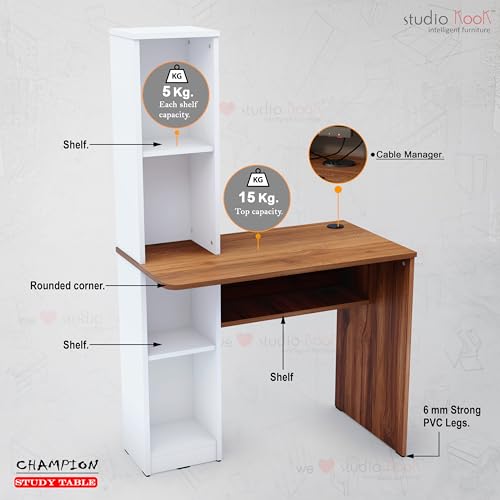 Image of Studio Kook Champion Engineered Wood Study Table with Storage, Matte Finish, 5 Shelves (Moonshine White Amber Walnut)