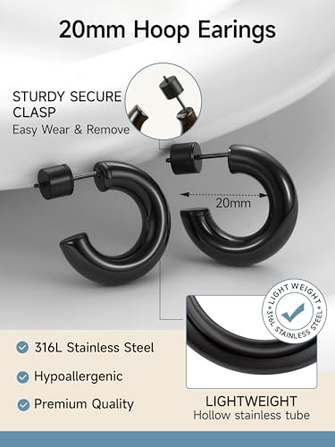 Image of Stainless Steel Chunky Hoop Earrings For Women, Minimalist and Chic, Black /Gold Plated, Round Hoops Earrings Hypoallergenic, Size: 30mm /40mm /60mm /80mm, Come with Box