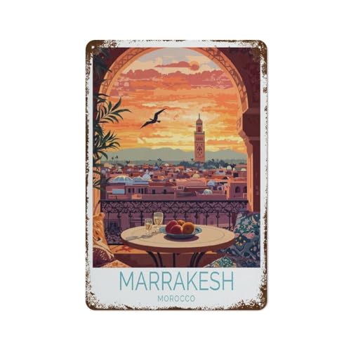 Cartel de metal de Marrakech, Marruecos, póster de viaje, impresión artística, decoración, pintura metálica retro, estilo garaje, 20 x 30 cm.
