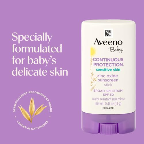 Image of Aveeno Baby Continuous Protection Mineral Sunscreen Stick for Sensitive Skin with Broad Spectrum SPF 50 Protection for Face & Body, Naturally Sourced 100% Zinc Oxide, Travel Size, 0.47 oz