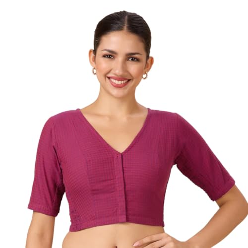 Image of Studio Shringaar Women Cotton Half Sleeve Madras Checks Saree Blouse with Stretchable Sides
