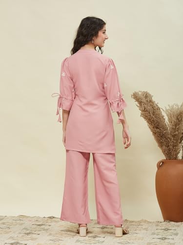 Image of Girls Floral Embroidered Kurta and Palazzo Pants Co-ord Set with V Neck Elegant Traditional Outfit for Festive and Functions