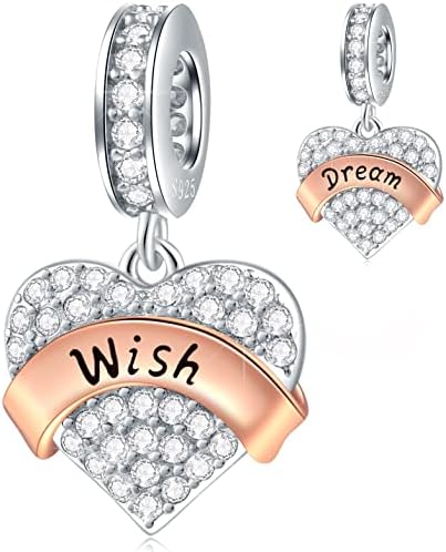 CRISNATA Family Theme Pave Heart Pendant Charms with Clear CZ, 925 Sterling Silver Rose Gold Ribbon Beads, fits European Mothers Day Bracelet, Gifts for Mother/Wife/Friends