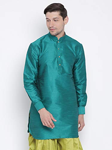 Image of Vastramay Men's Gold Curved Shape Pathani Style Silk Cotton Kurta - Mid-Length with Buttoned Cuff, Soft & Comfortable Ethnic Wear