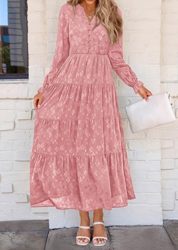 Image of KIRUNDO Spring Wedding Guest Dresses for Women 2026 Maxi Floral Long Sleeve Elegant Ruffle Tiered Flowy Party Long Dress
