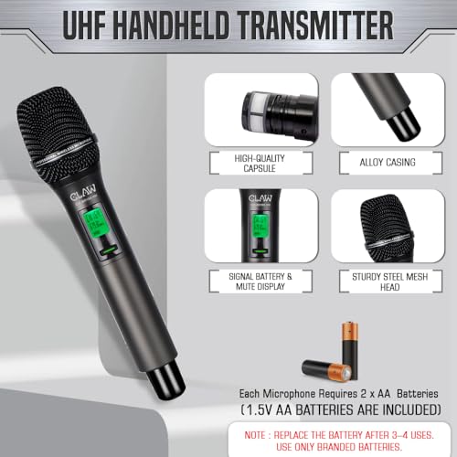 Image of CLAW CW-BR100HH Dual Channel UHF Wireless Microphone System with 2 Handheld Mics, One-Tap Mute, Auto IR Frequency Scan & Lock, LCD Display, 100m Range, XLR & 6.35mm Output for Stage, DJ & Karaoke