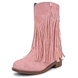 techcity Cowgirl Boots for Girls Mid Calf Pointed Toe Kid Cowboy Boots with Tassel Fringe Low Heel Warm Fleece Riding Shoes Little/Big Girls