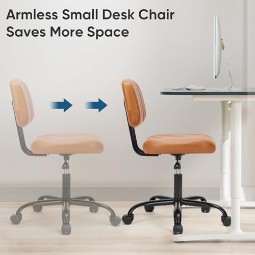 Image of DUMOS Armless Small Home Office Desk Chair - Vanity Task Chair with Low Back, Height Adjustable PU Leather Swivel with 360 Rolling Wheels, Vanity, Bedroom, Deep Brown