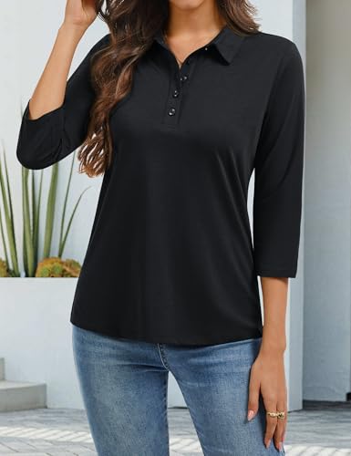 YUCOLEN Women's Polo Shirt 3/4 Sleeve Tops Collared Button Down Golf Tee Casual Work T Shirt3