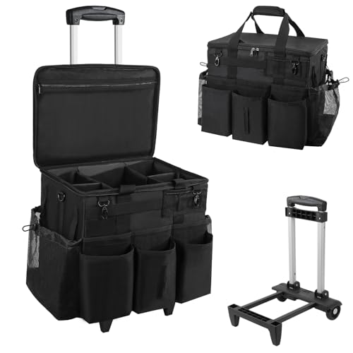 SCAVATA Rolling Cleaning Caddy Bag with Detachable Trolley, Large Cleaning Supplies Organizer with Wheels, Multi Pocket Cleaning Cart with Adjustable Shoulder Strap for Housekeepers & Home Use, Black